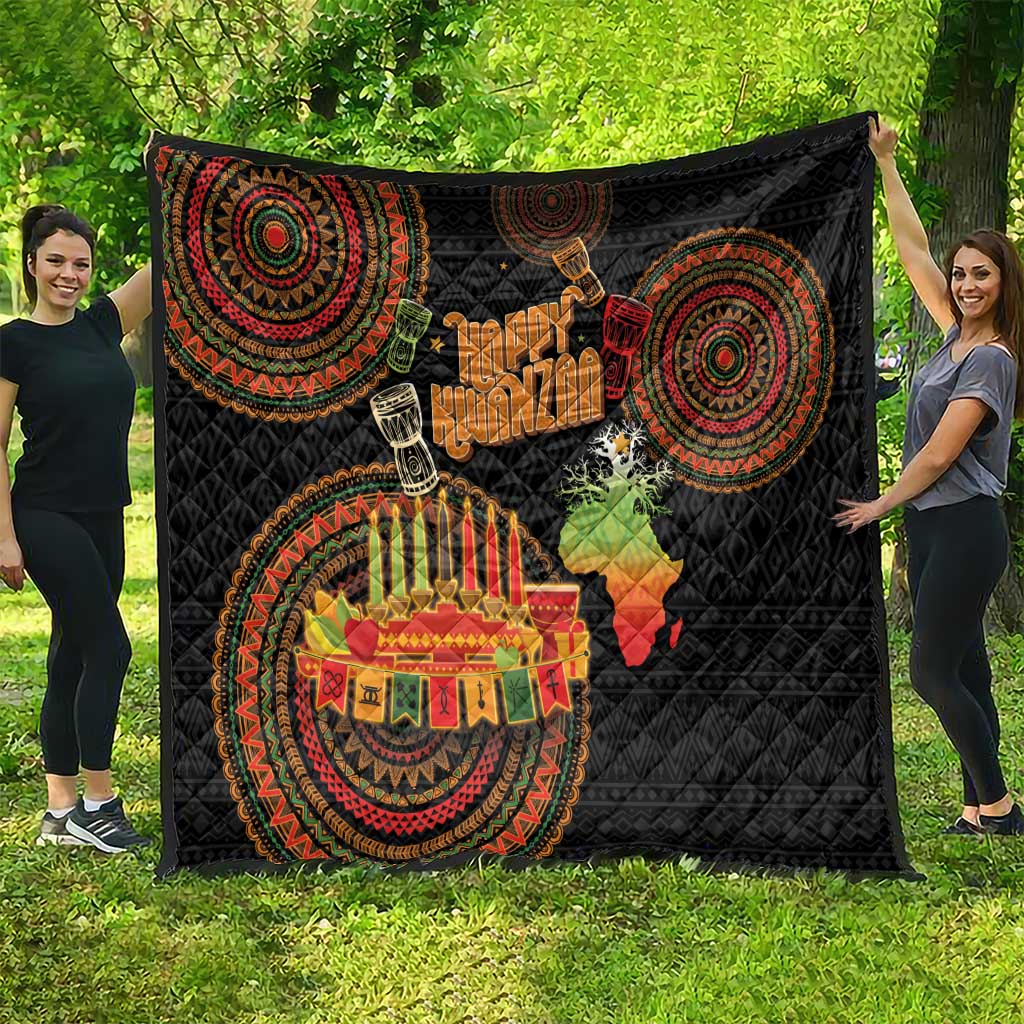 Black Kwanzaa quilt blanket featuring circular tribal patterns, “Happy Kwanzaa,” and African map