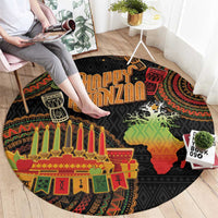 Round black Kwanzaa carpet with 'Happy Kwanzaa' text, candles and map graphic
