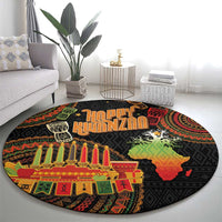 Round black Happy Kwanzaa patterned rug with candles, Kinara and African map