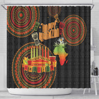 Black Kwanzaa shower curtain featuring patterned circles, candles, and “Happy Kwanzaa” lettering.