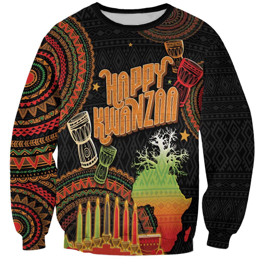 Unisex black sweatshirt with Happy Kwanzaa graphic, candles and tribal pattern