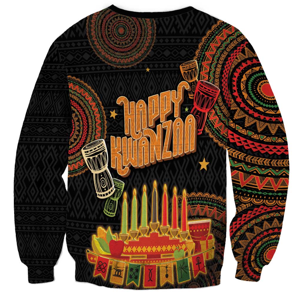 Unisex black sweatshirt, Happy Kwanzaa lettering with 7 candles and tribal design