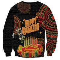 Unisex black sweatshirt, Happy Kwanzaa lettering with 7 candles and tribal design