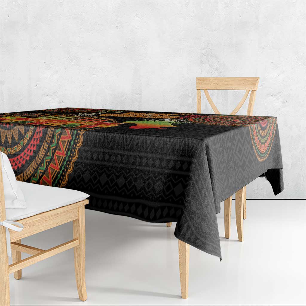 Black tribal tablecloth with colorful patterned edge and geometric print overhang