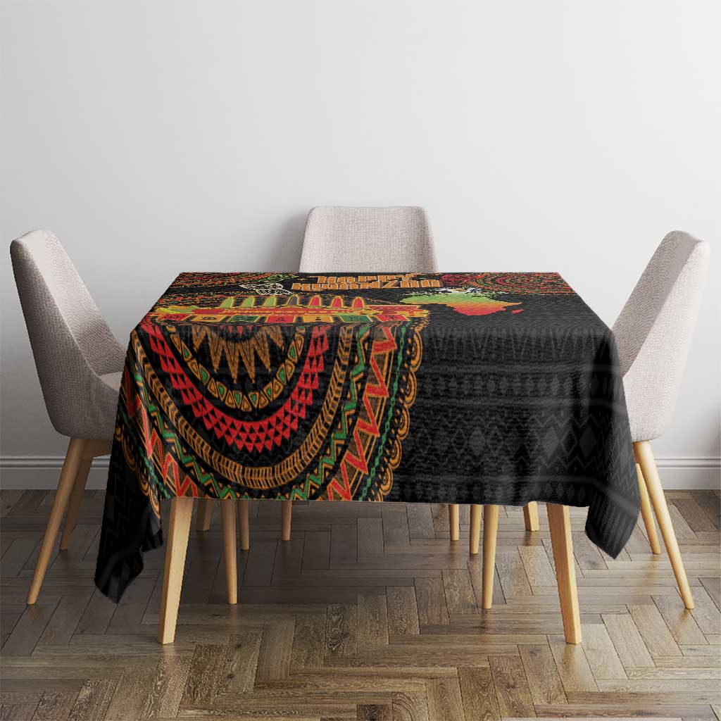 Black tribal tablecloth with colorful semicircle motifs on a square dining table