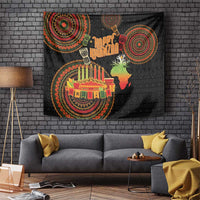 Black Kwanzaa tapestry with circular mandalas, menorah, Africa silhouette, and Happy Kwanzaa
