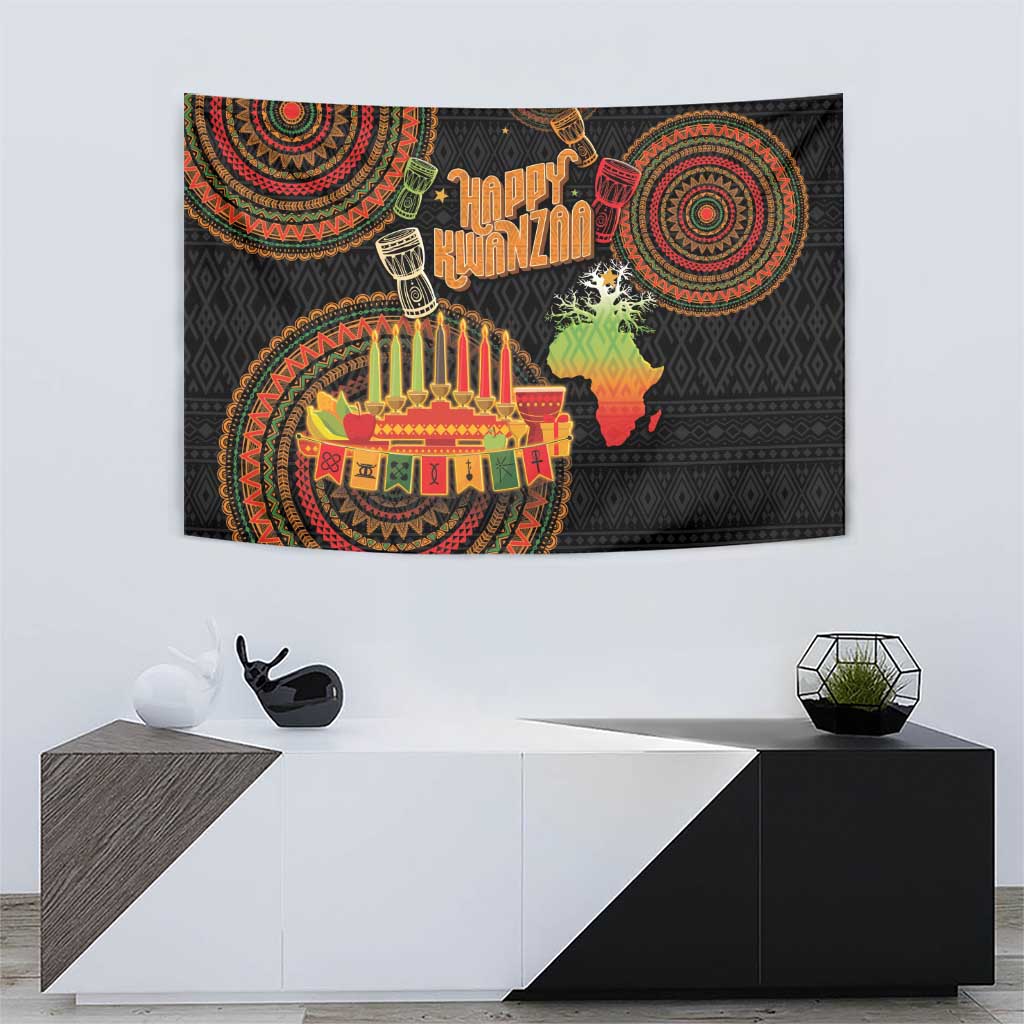 Black Kwanzaa tapestry with colorful circular patterns, menorah candles, and Africa silhouette