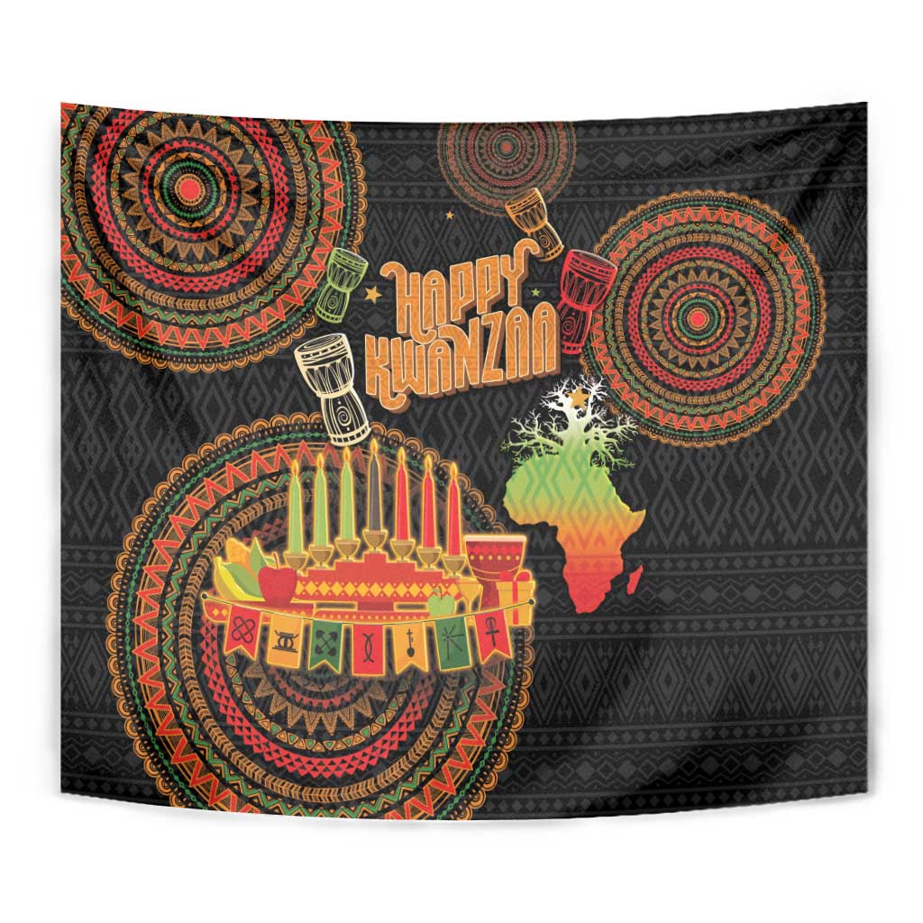 Close-up black tapestry with colorful circular ornaments, menorah candles, and Happy Kwanzaa
