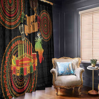 Black Kwanzaa window curtain with colorful tribal circles, candles motif, and map graphic