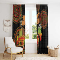 Black window curtain panels with colorful tribal circles and illuminated Kwanzaa candle image