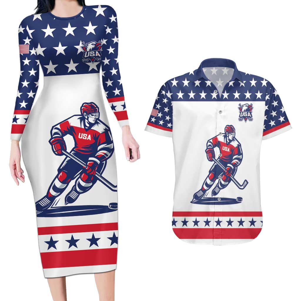 Custom United States Hockey Couples Matching Long Sleeve Bodycon Dress and Hawaiian Shirt Go Champions USA