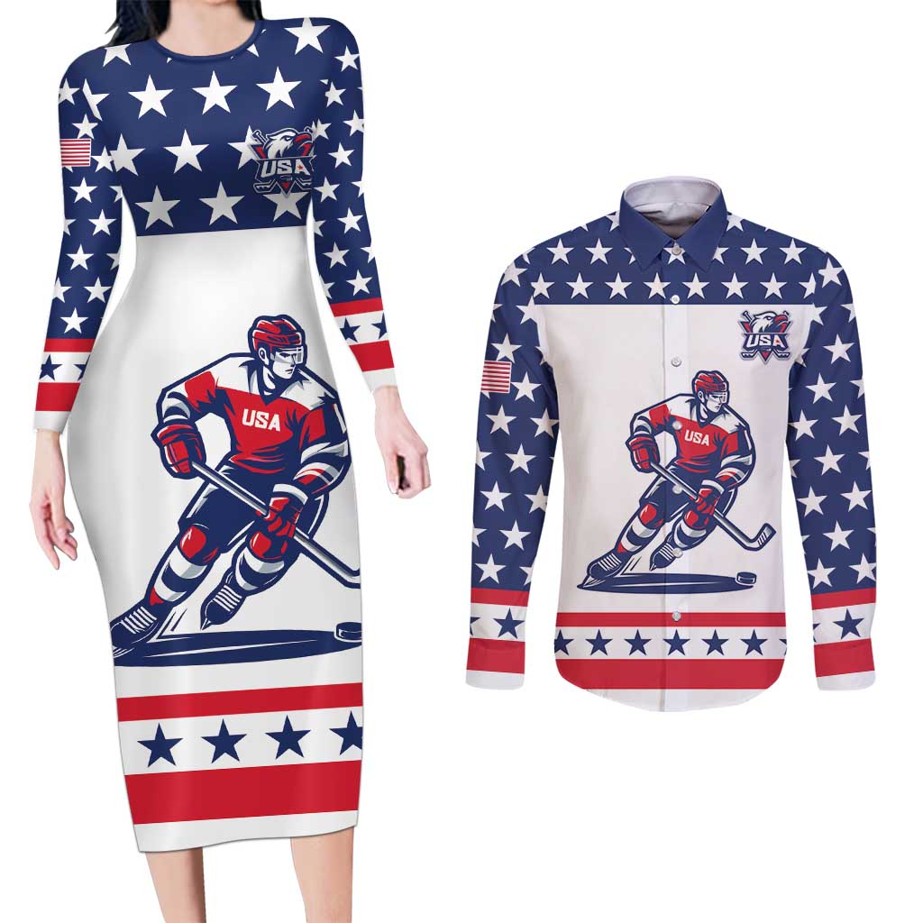 Custom United States Hockey Couples Matching Long Sleeve Bodycon Dress and Long Sleeve Button Shirt Go Champions USA