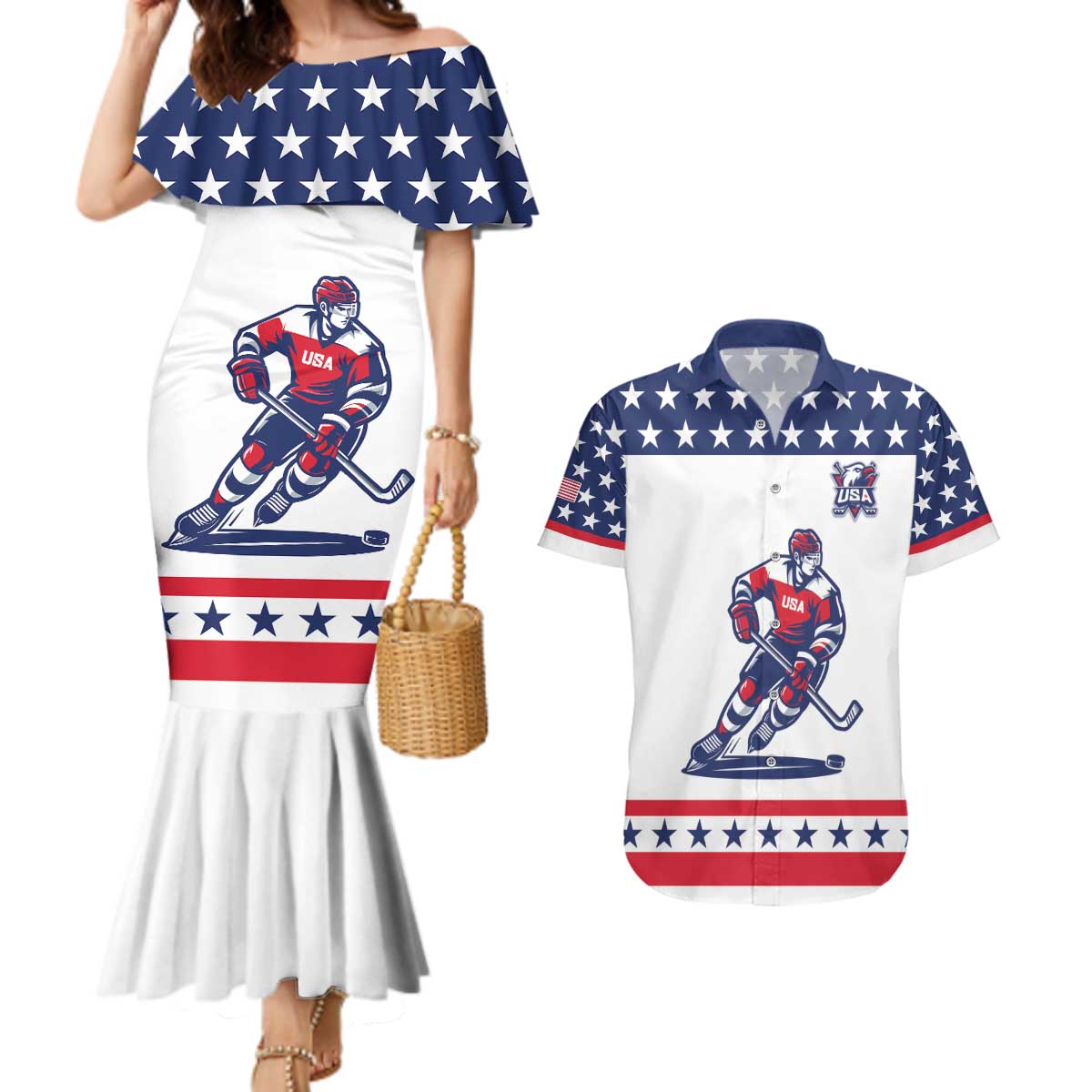 Custom United States Hockey Couples Matching Mermaid Dress and Hawaiian Shirt Go Champions USA