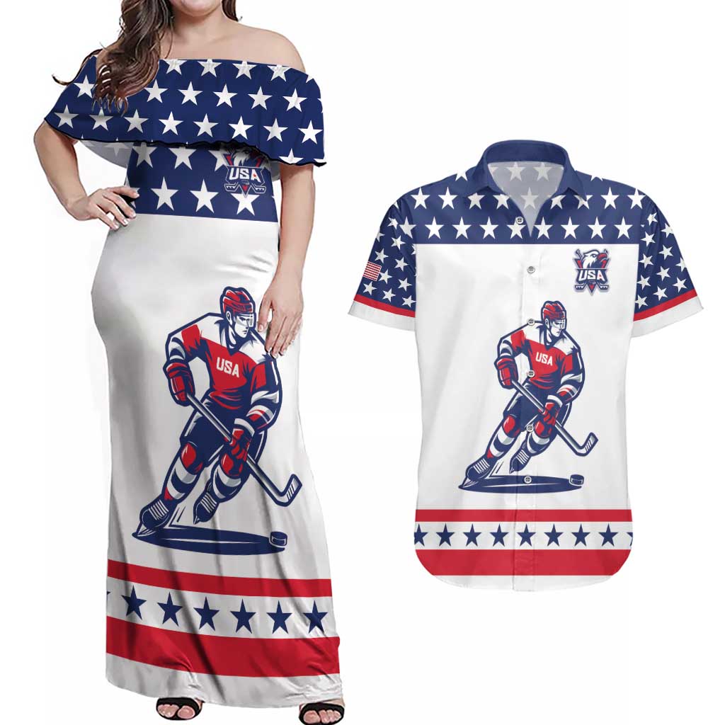 Custom United States Hockey Couples Matching Off Shoulder Maxi Dress and Hawaiian Shirt Go Champions USA