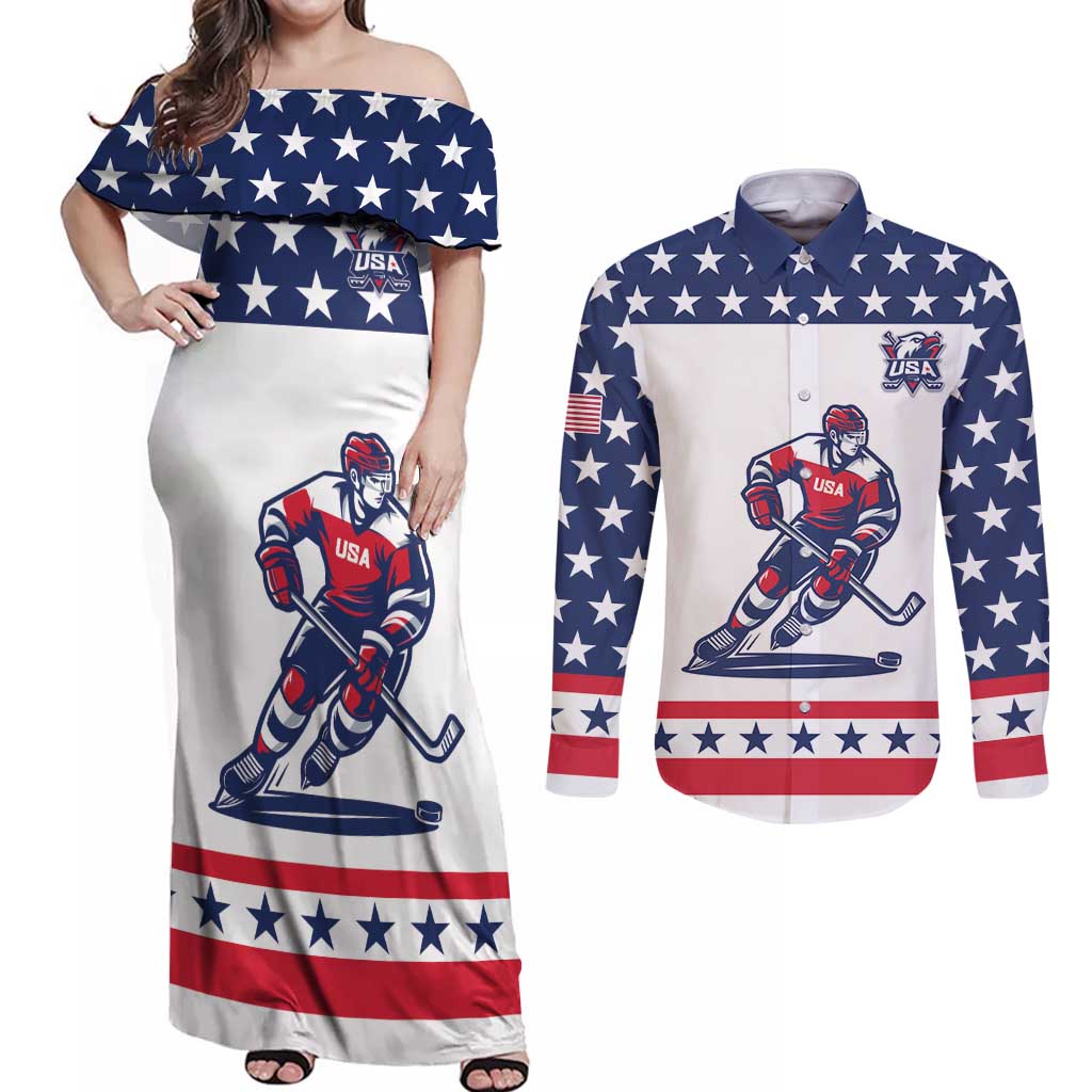 Custom United States Hockey Couples Matching Off Shoulder Maxi Dress and Long Sleeve Button Shirt Go Champions USA