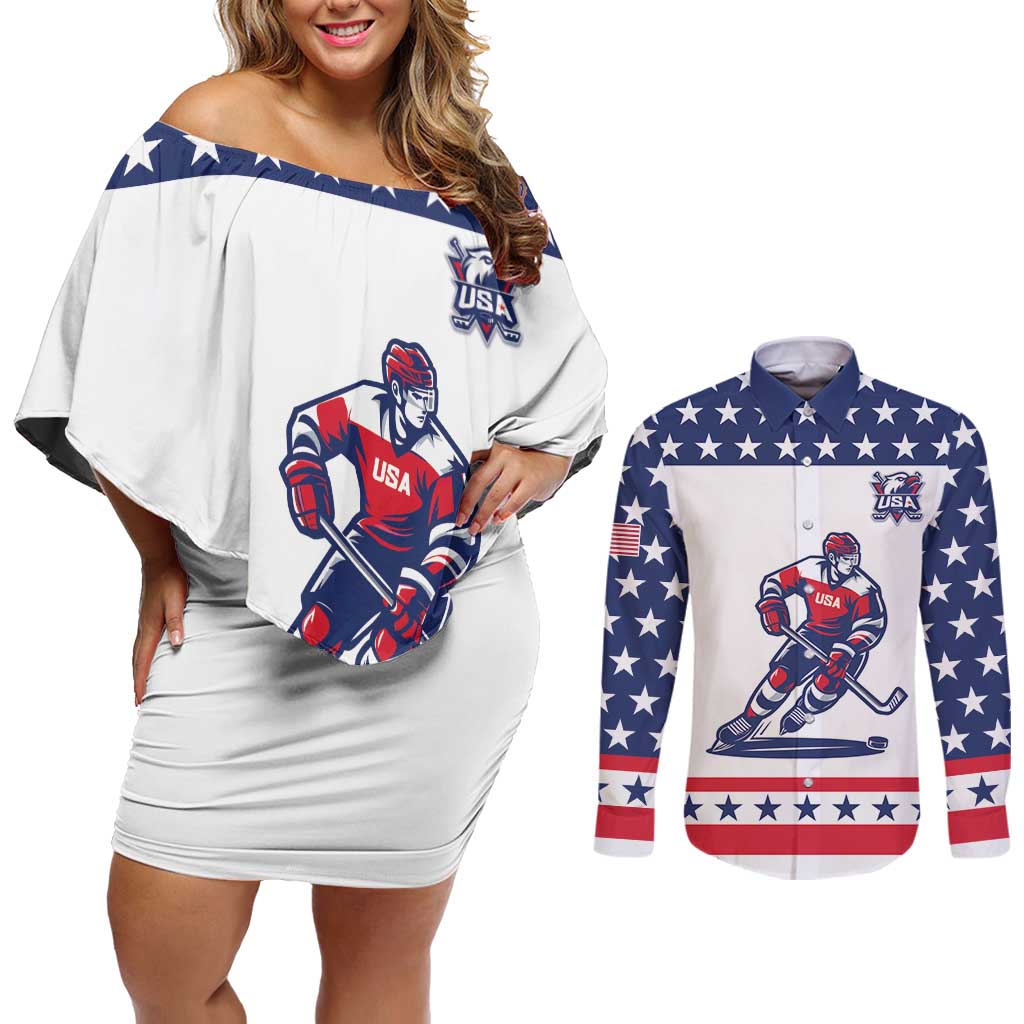 Custom United States Hockey Couples Matching Off Shoulder Short Dress and Long Sleeve Button Shirt Go Champions USA