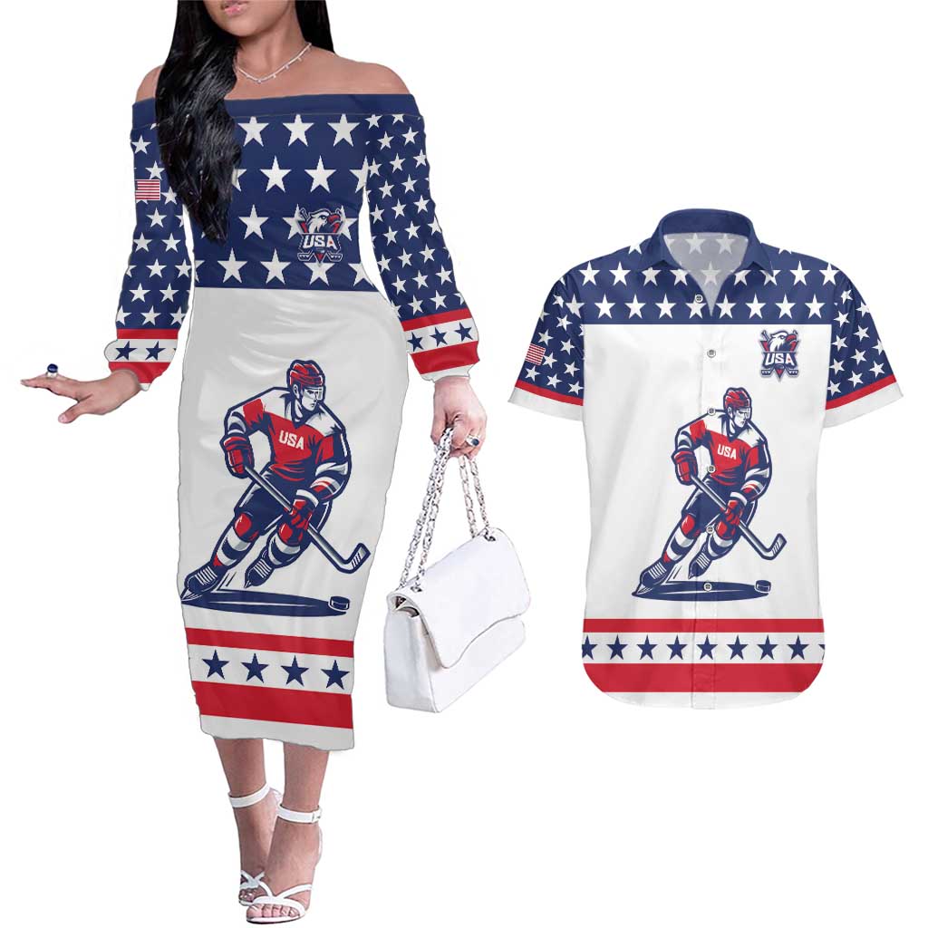 Custom United States Hockey Couples Matching Off The Shoulder Long Sleeve Dress and Hawaiian Shirt Go Champions USA