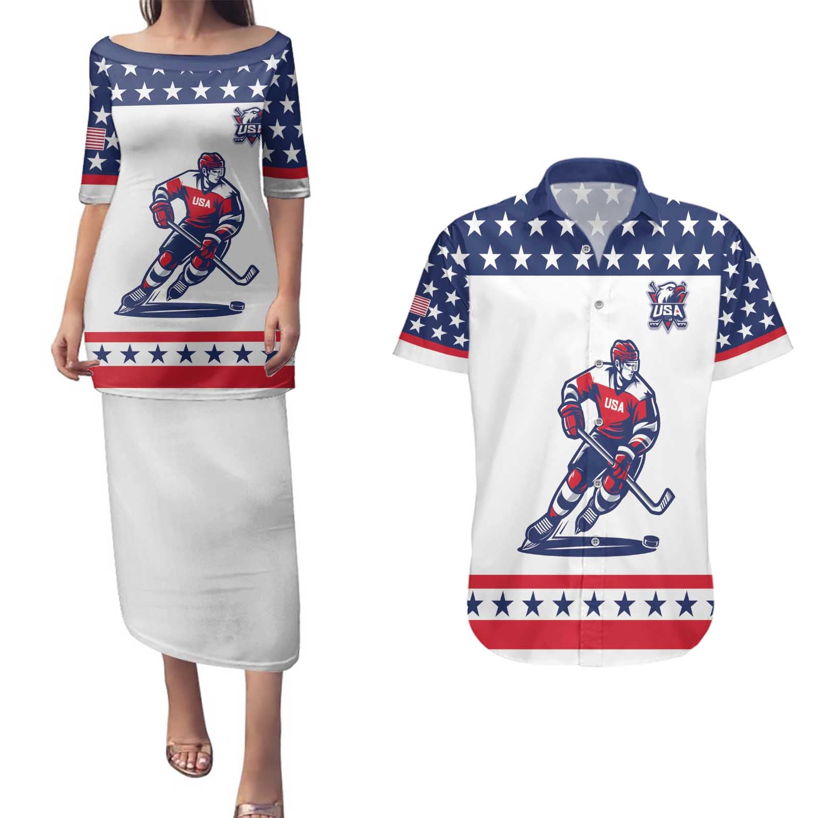 Custom United States Hockey Couples Matching Puletasi and Hawaiian Shirt Go Champions USA