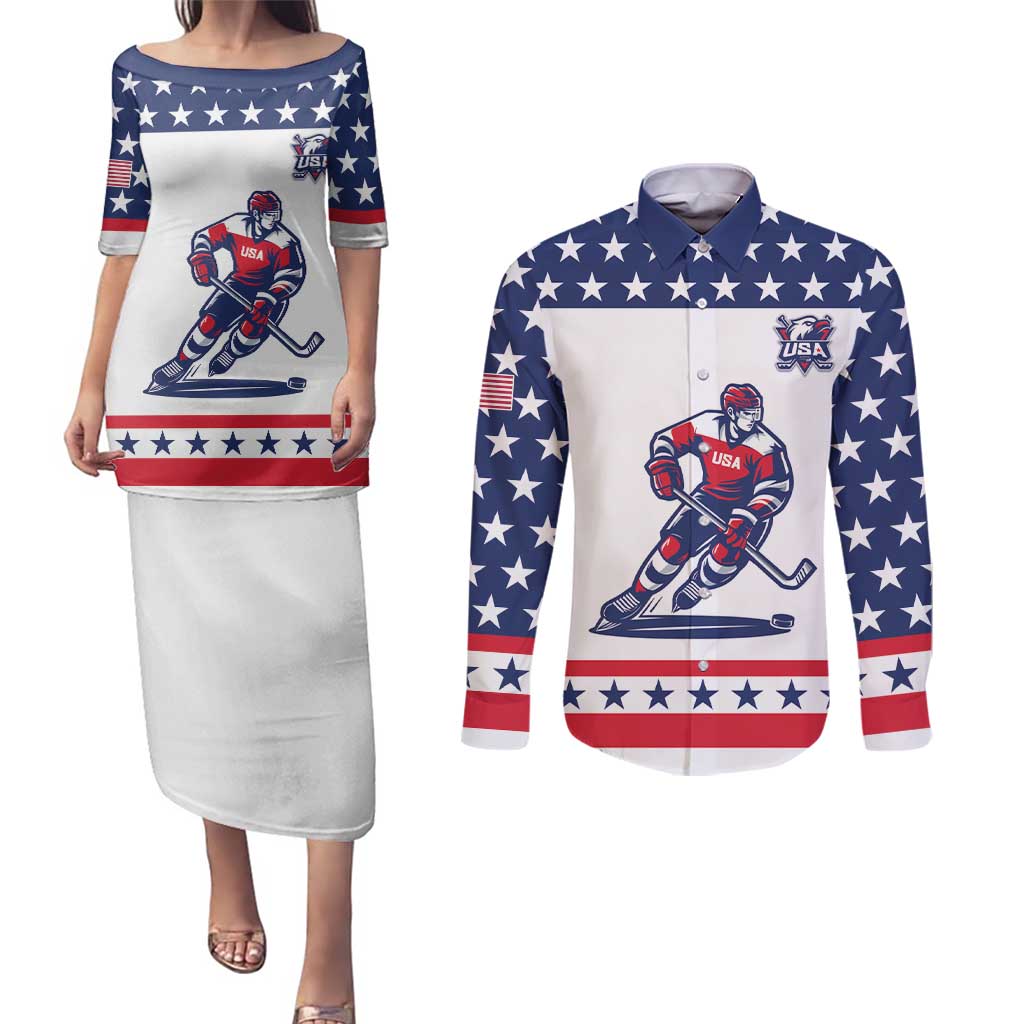 Custom United States Hockey Couples Matching Puletasi and Long Sleeve Button Shirt Go Champions USA