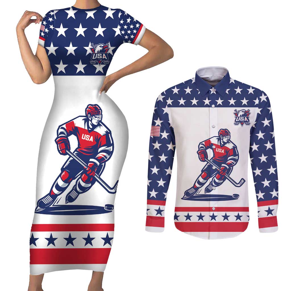 Custom United States Hockey Couples Matching Short Sleeve Bodycon Dress and Long Sleeve Button Shirt Go Champions USA