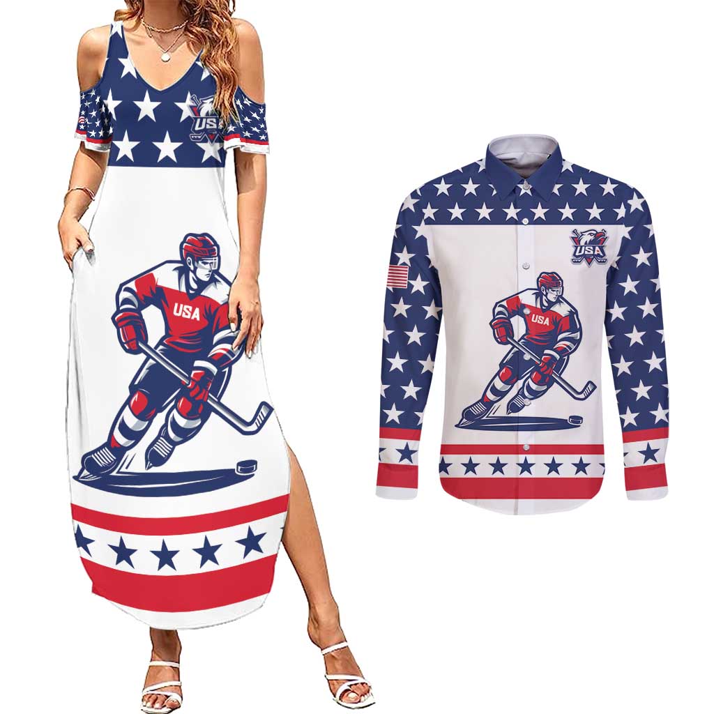 Custom United States Hockey Couples Matching Summer Maxi Dress and Long Sleeve Button Shirt Go Champions USA