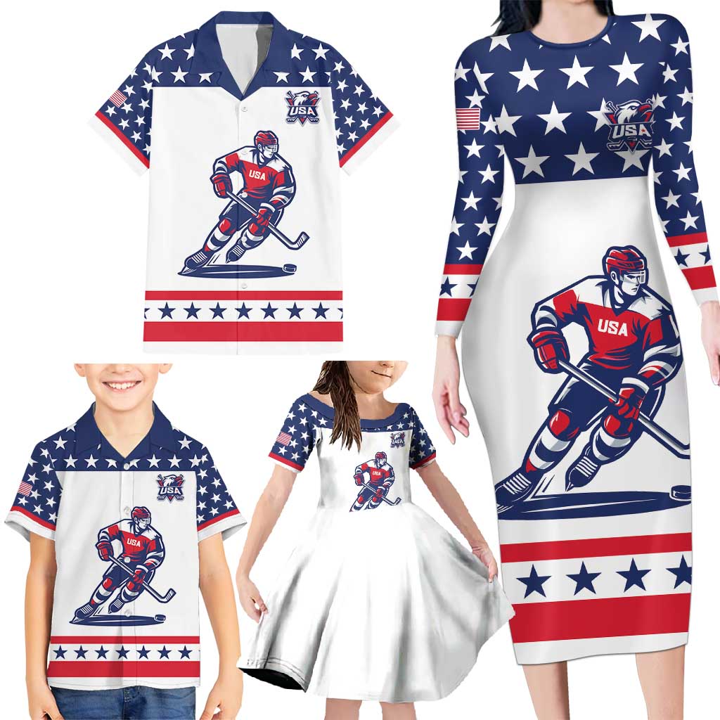 Custom United States Hockey Family Matching Long Sleeve Bodycon Dress and Hawaiian Shirt Go Champions USA