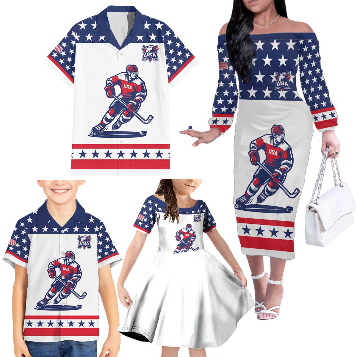 Custom United States Hockey Family Matching Off The Shoulder Long Sleeve Dress and Hawaiian Shirt Go Champions USA