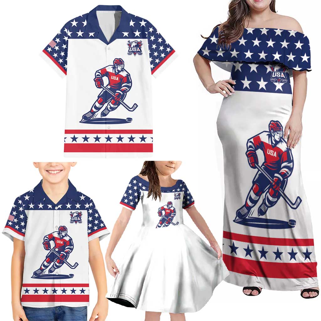 Custom United States Hockey Family Matching Off Shoulder Maxi Dress and Hawaiian Shirt Go Champions USA