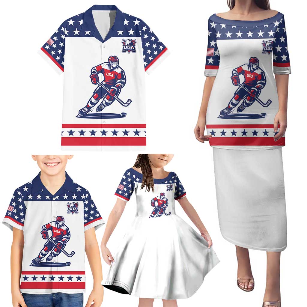 Custom United States Hockey Family Matching Puletasi and Hawaiian Shirt Go Champions USA