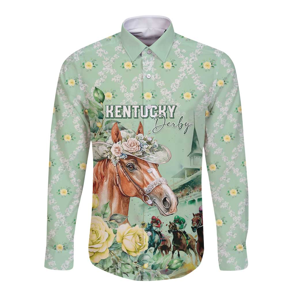 Personalized Kentucky Horse Racing Long Sleeve Button Shirt Rose Diamond Pattern Mint