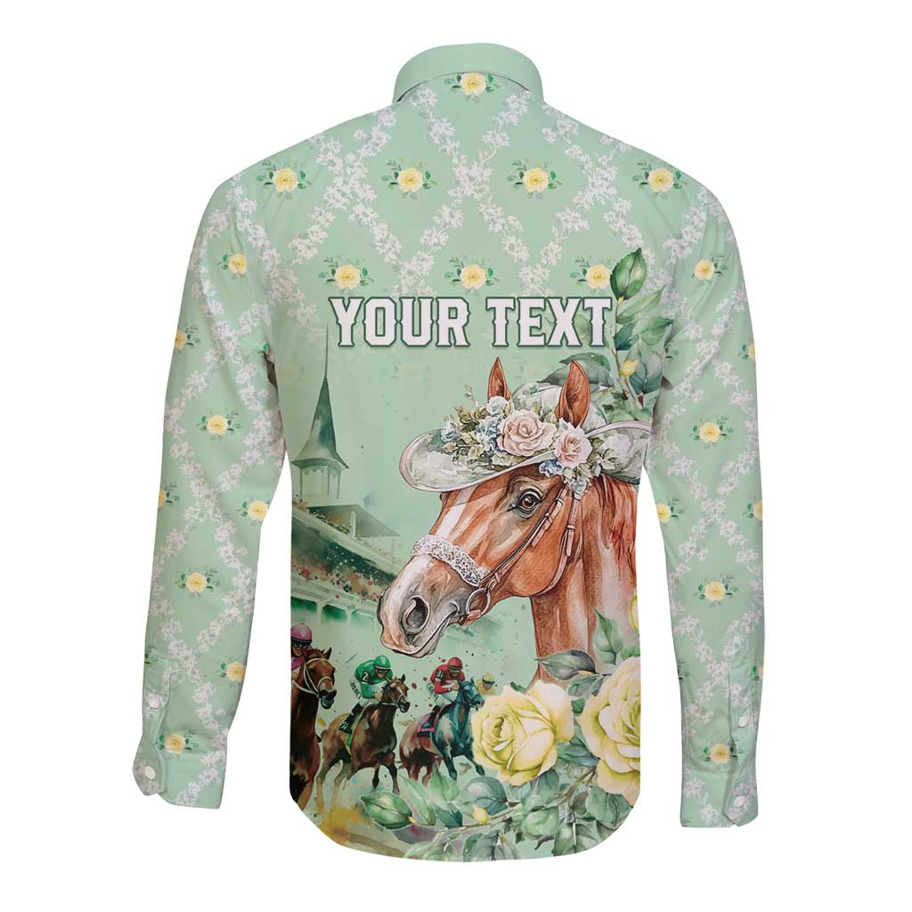 Personalized Kentucky Horse Racing Long Sleeve Button Shirt Rose Diamond Pattern Mint