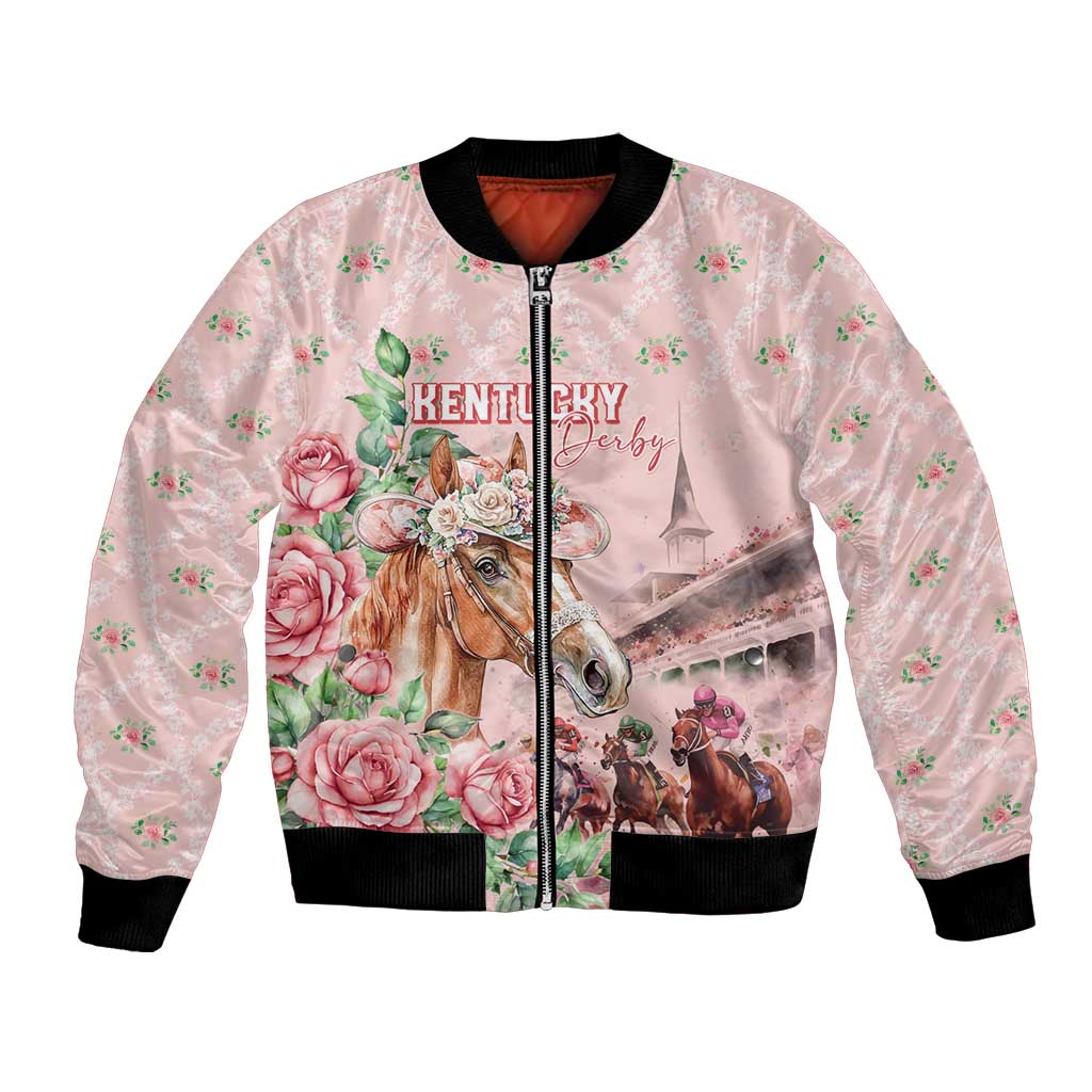 Personalized Kentucky Horse Racing Bomber Jacket Rose Diamond Pattern Pink