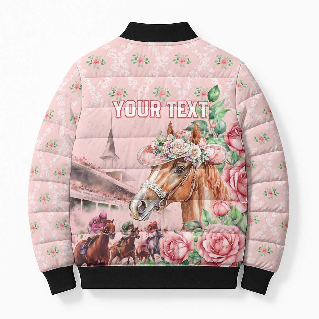 Personalized Kentucky Horse Racing Bomber Puffer Jacket Rose Diamond Pattern Pink