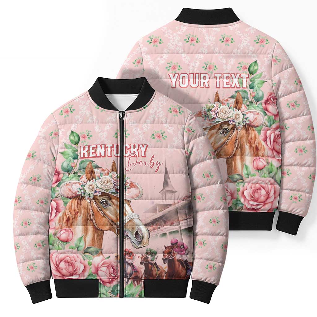 Personalized Kentucky Horse Racing Bomber Puffer Jacket Rose Diamond Pattern Pink