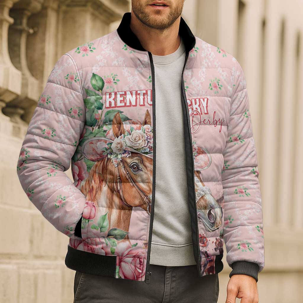 Personalized Kentucky Horse Racing Bomber Puffer Jacket Rose Diamond Pattern Pink