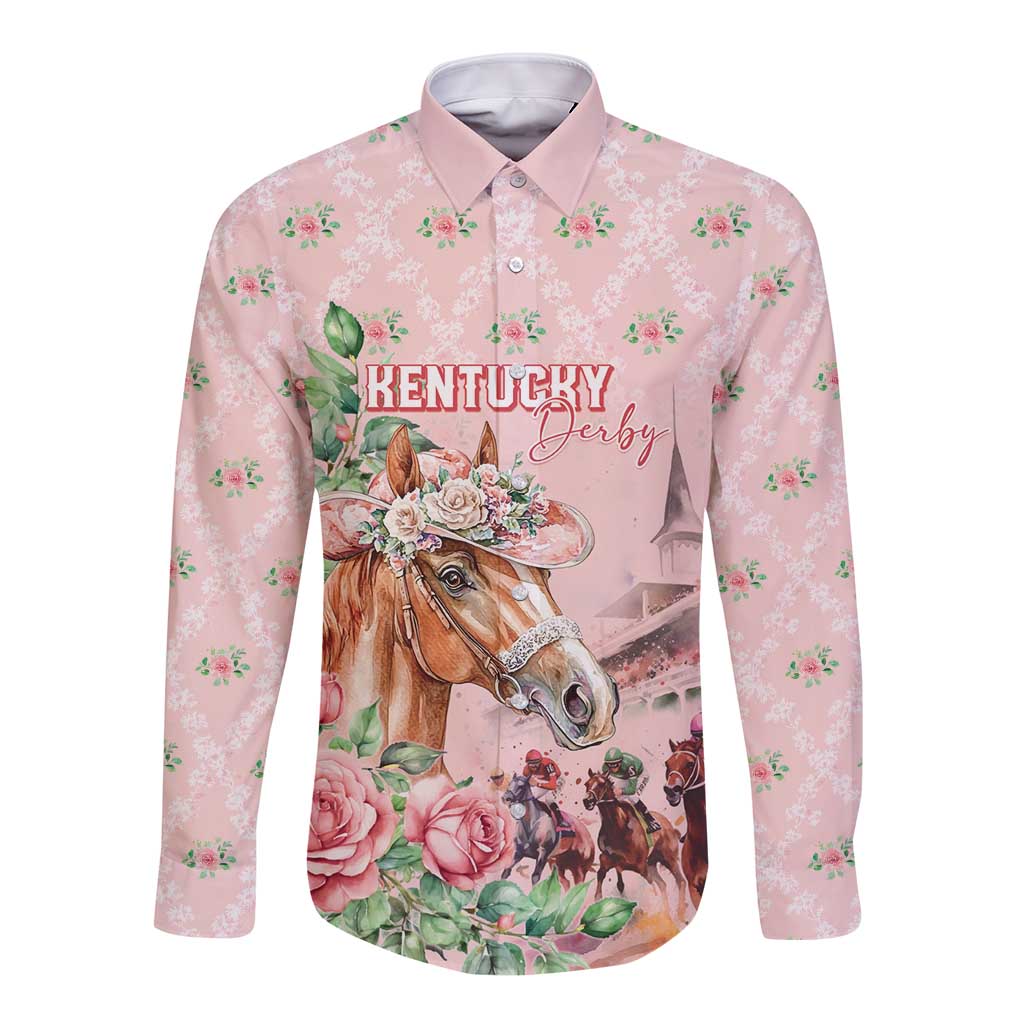 Personalized Kentucky Horse Racing Long Sleeve Button Shirt Rose Diamond Pattern Pink