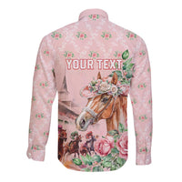 Personalized Kentucky Horse Racing Long Sleeve Button Shirt Rose Diamond Pattern Pink