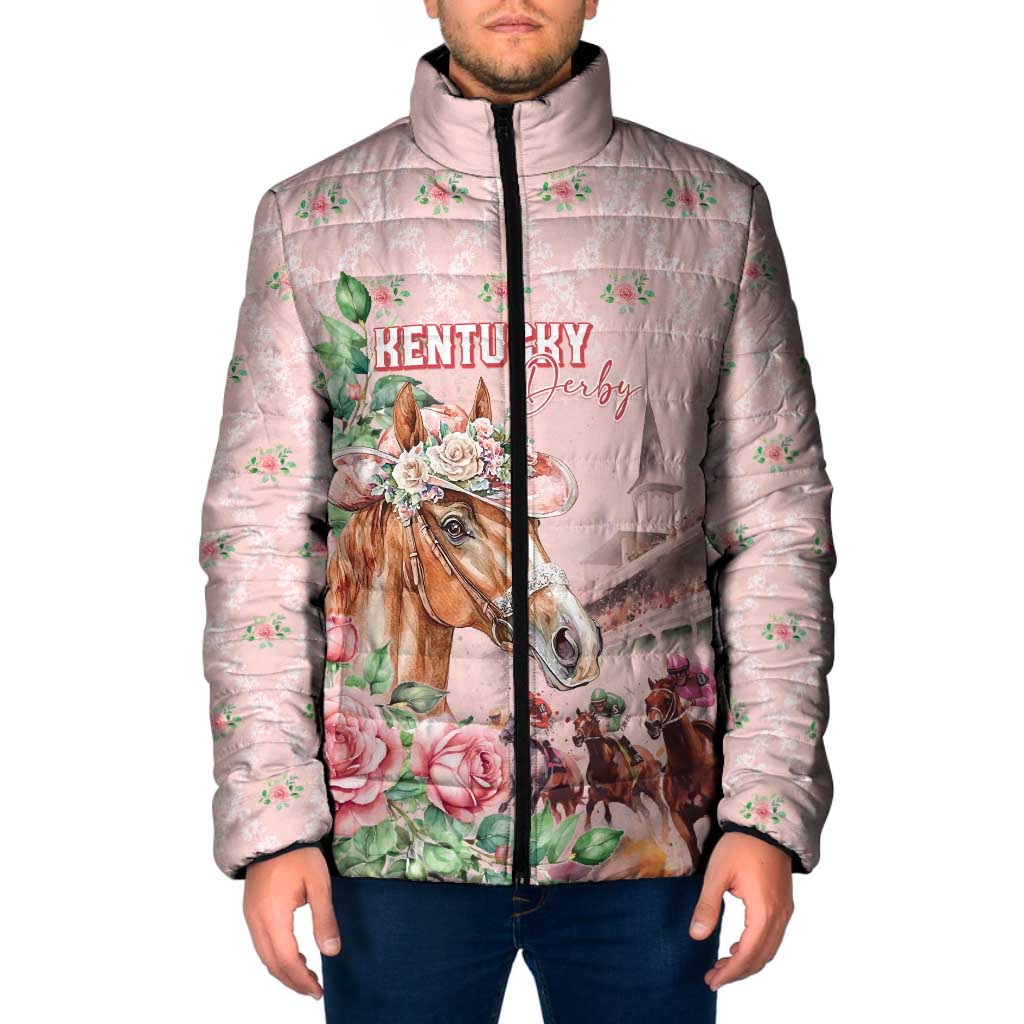 Personalized Kentucky Horse Racing Padded Jacket Rose Diamond Pattern Pink