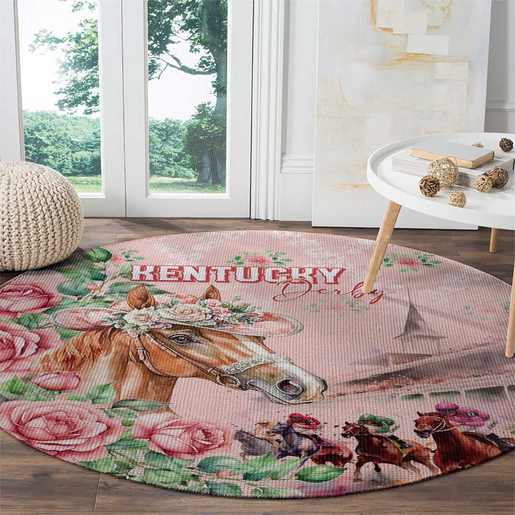 Kentucky Horse Racing Round Carpet Rose Diamond Pattern Pink