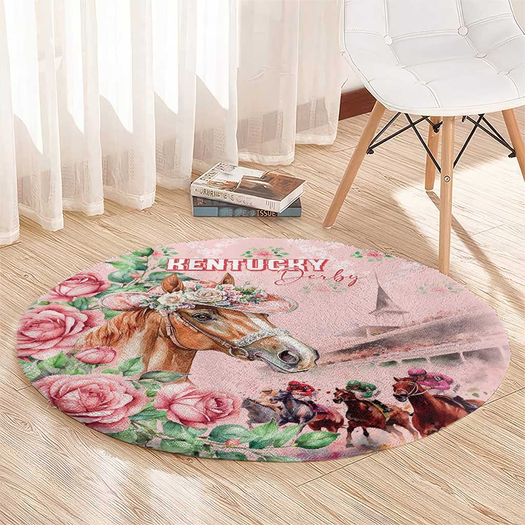 Kentucky Horse Racing Round Carpet Rose Diamond Pattern Pink