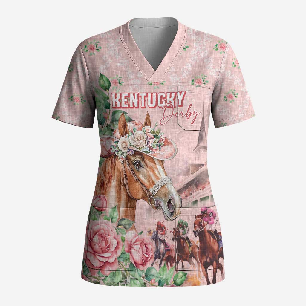 Personalized Kentucky Horse Racing Scrub Top Rose Diamond Pattern Pink