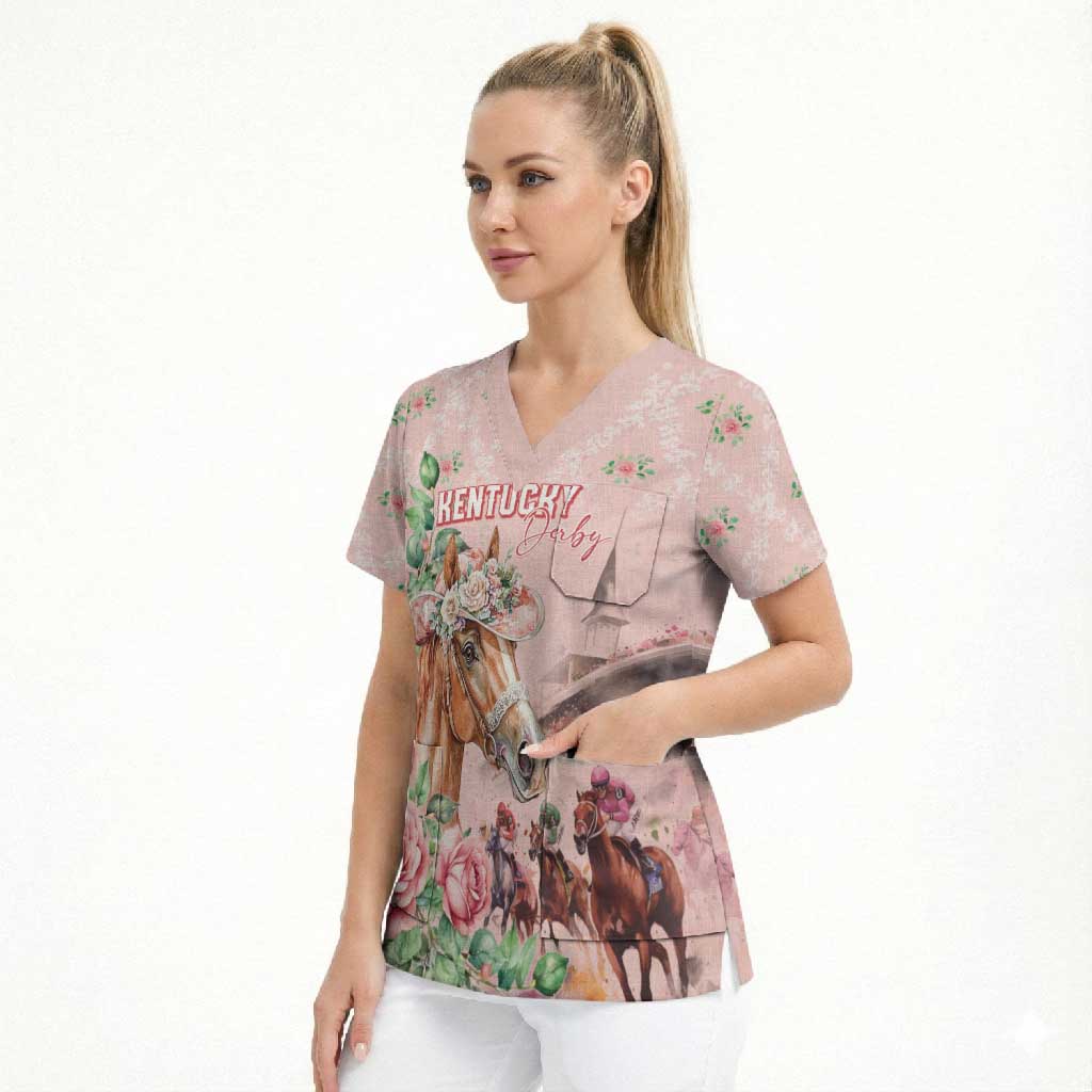 Personalized Kentucky Horse Racing Scrub Top Rose Diamond Pattern Pink