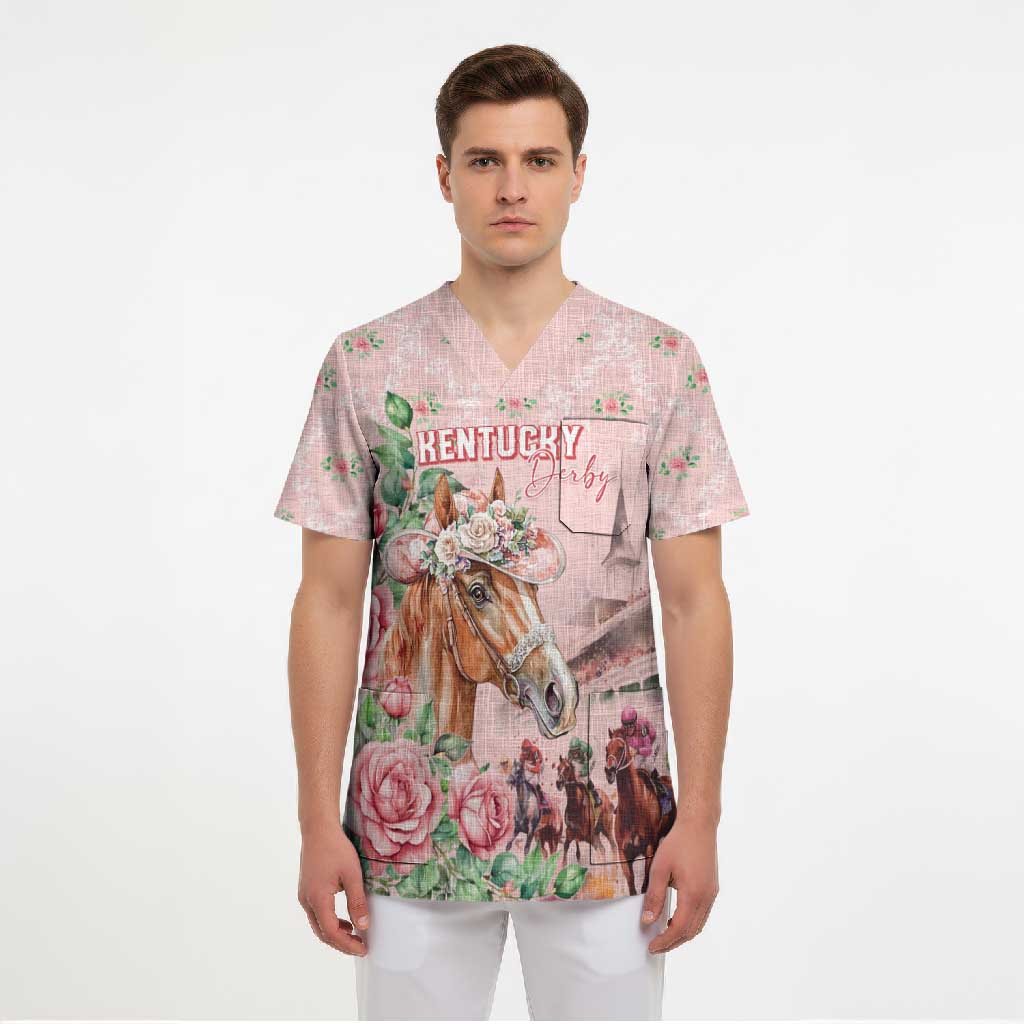Personalized Kentucky Horse Racing Scrub Top Rose Diamond Pattern Pink