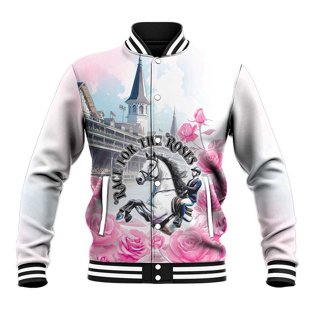 Pink baseball jacket with horse and floral graphic, ribbed black collar, snap front