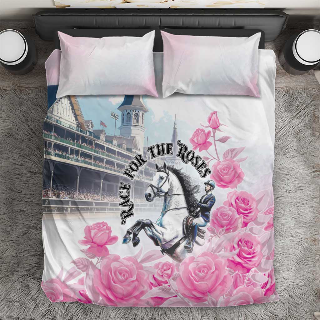 Pink floral horse race bedding set with duvet and two matching pillowcases, roses and castle scene