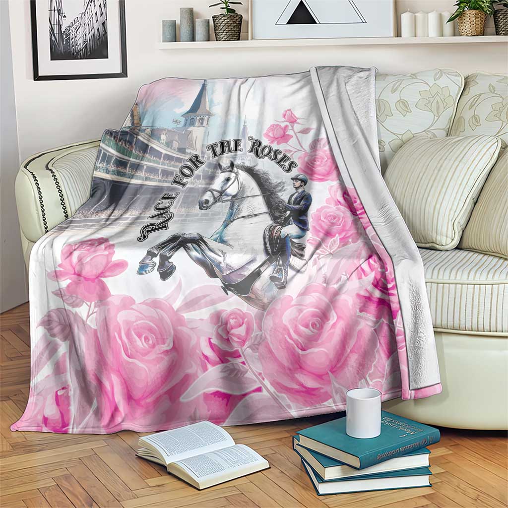 Pink horse-themed throw blanket with roses and a stable scene, soft draped throw
