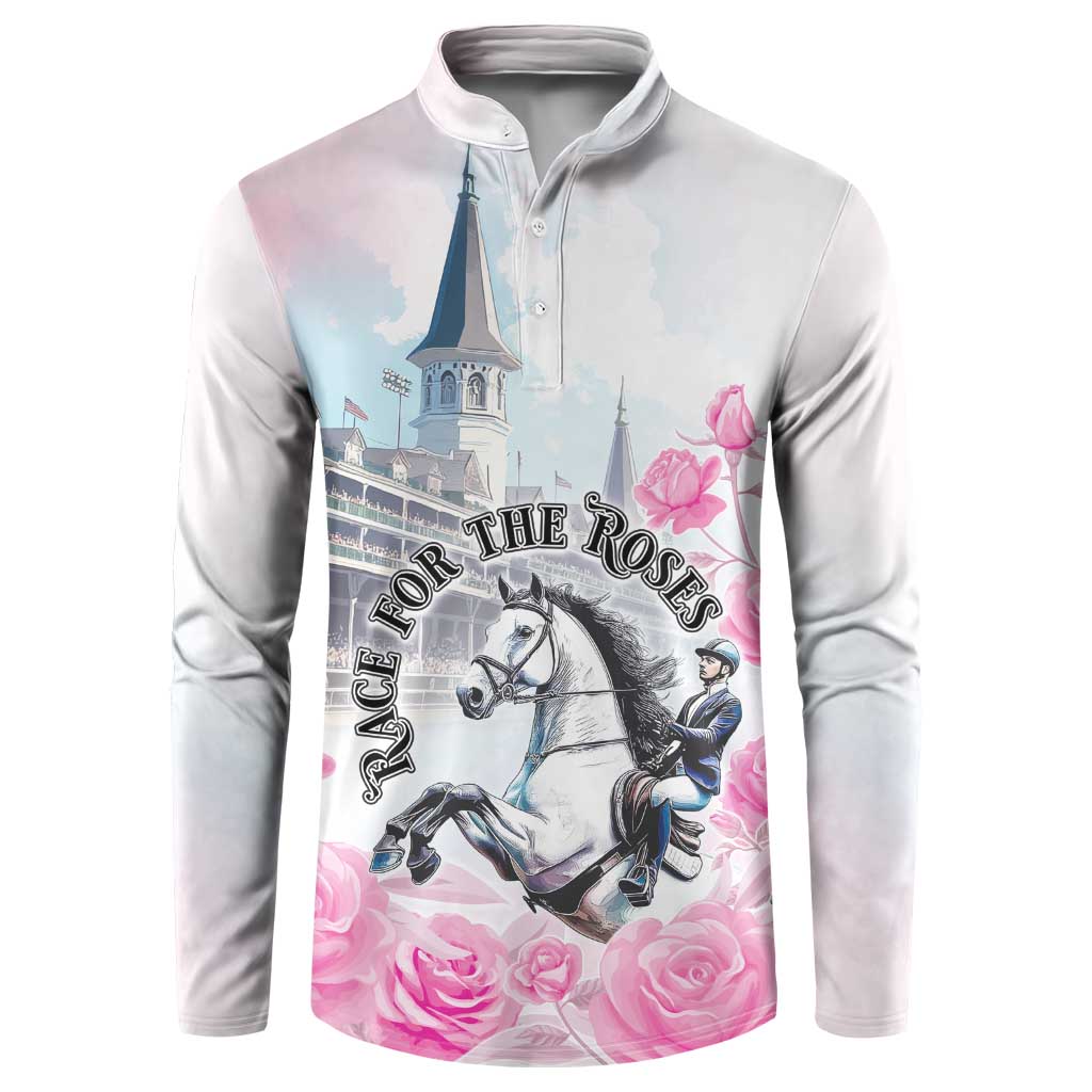 Pink button henley sweatshirt with horse and roses graphic on front