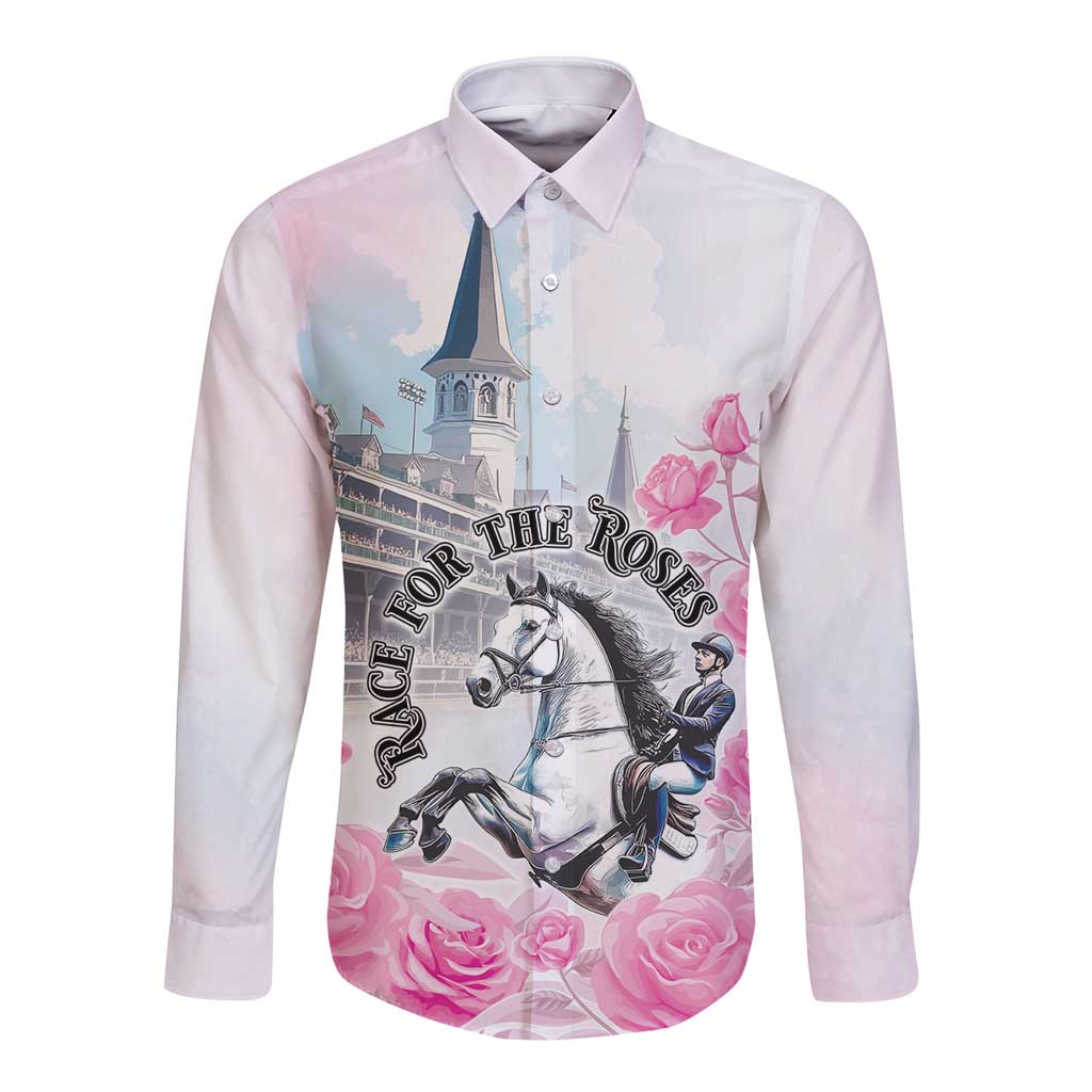 Unisex long-sleeve button shirt, light pink/white with horse and rose graphic front