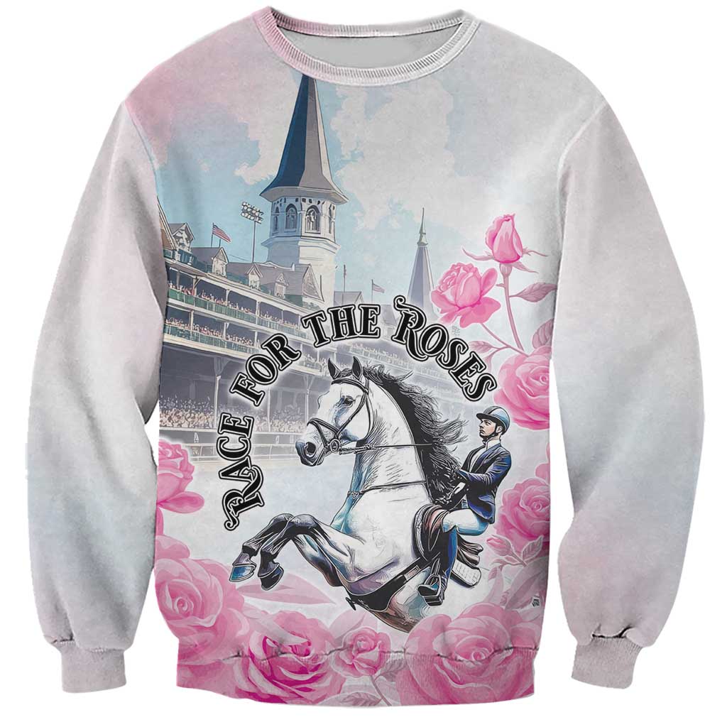Unisex light gray sweatshirt with pink roses and horse graphic, long sleeves