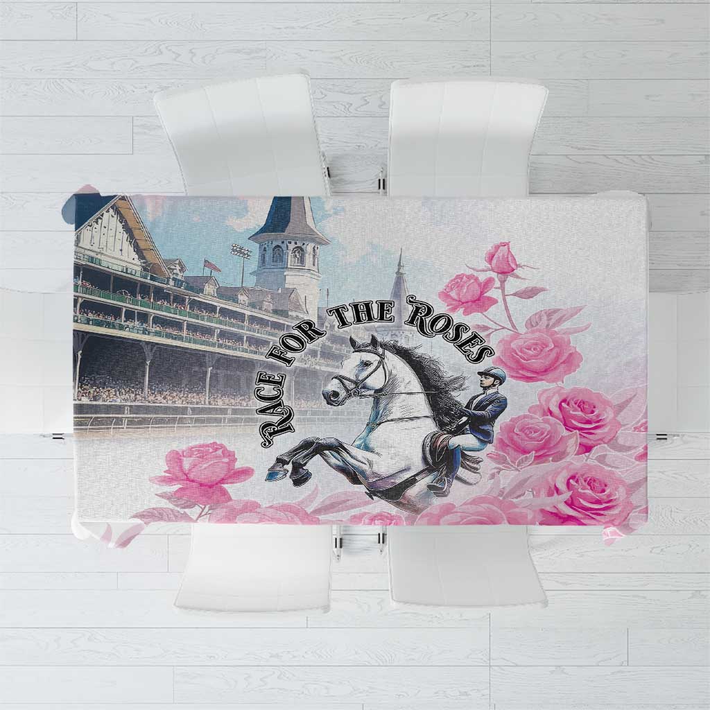 Pink rose and horse illustration tablecloth, centered with overhanging edges.